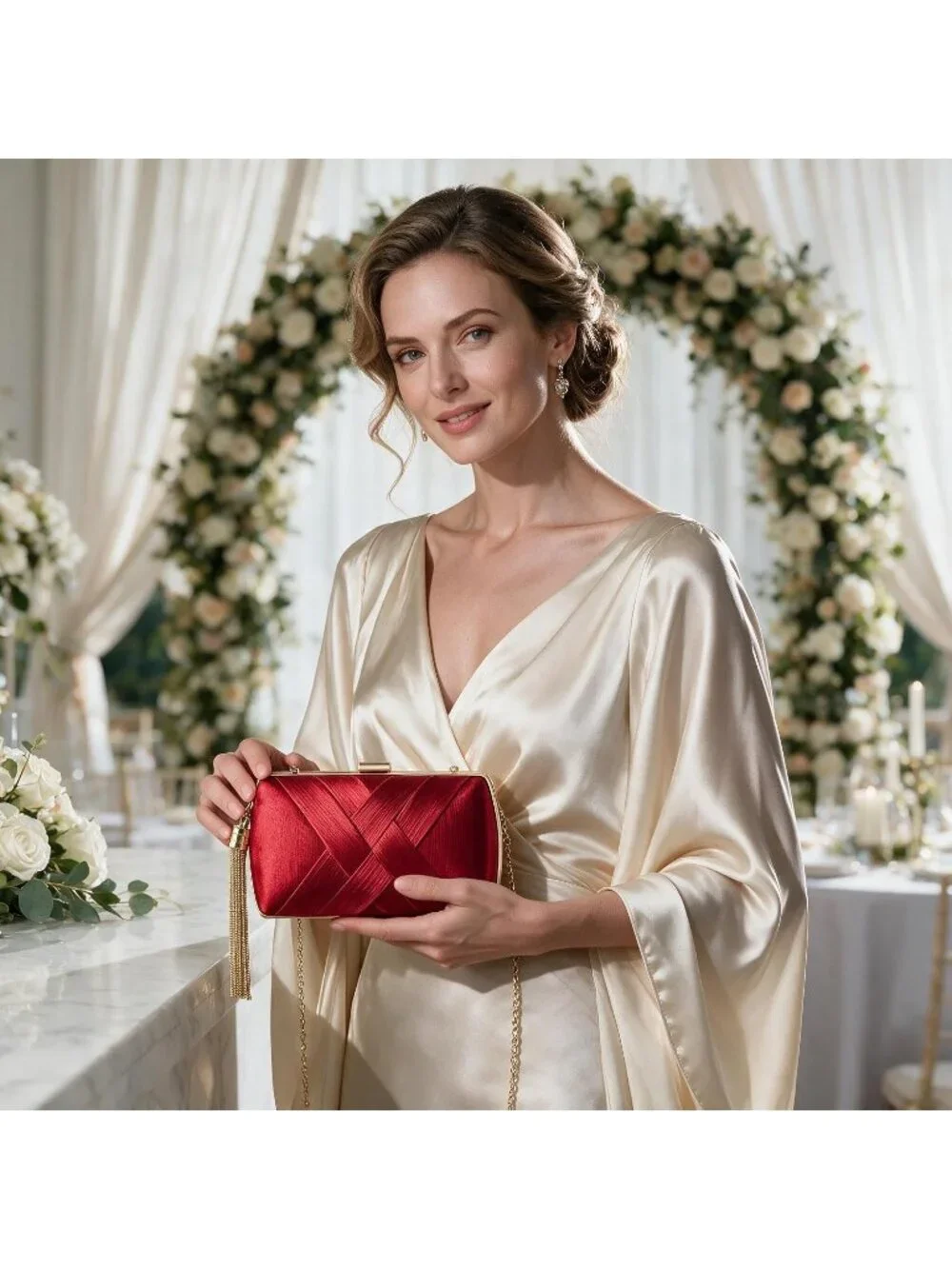 Women's Red Silk Satin Clutch Purse Pearl Tassel With Chain Evening Bag